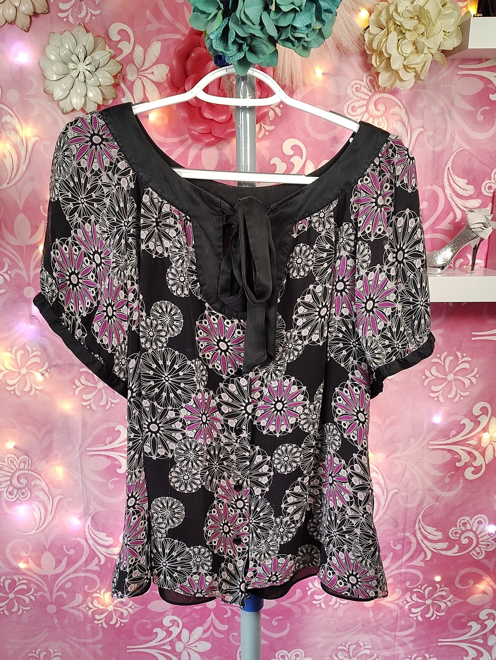 Alfani Black Floral Tie-Neck Blouse with Pink and White Medallions